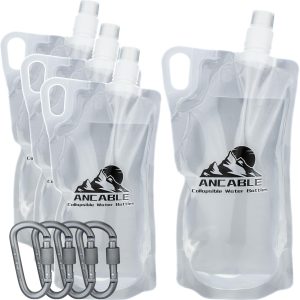 Ancable 1L Hiking Collapsible Water Bottles, 4-Pack 33OZ BPA-Free Foldable Backpacking Water Bottle for Travel Camping Hiking
