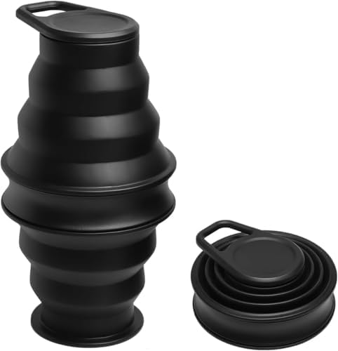 Collapsible Silicone Water Bottle - Foldable, Lightweight, and BPA-Free | 500ml (17oz) Reusable Leakproof Bottle for Camping, Travel, and Gym | Compact & Durable with Carabiner - Black - Image 2
