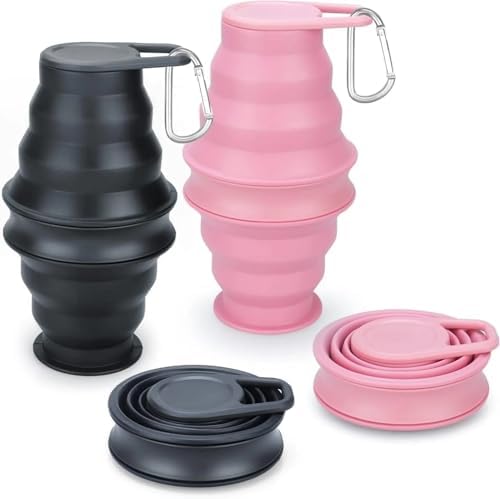 Collapsible Silicone Water Bottle - Foldable, Lightweight, and BPA-Free | 500ml (17oz) Reusable Leakproof Bottle for Camping, Travel, and Gym | Compact & Durable with Carabiner - Black - Image 3
