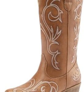 DREAM PAIRS Women's Cowboy Boots Mid Calf Cowgirl Boots Square Toe Chunky Heel Embroidery Stitched Western Boots